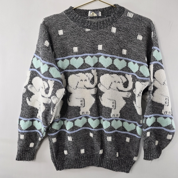Arielle Vintage Dancing Elephants Happy Smiling VTG Hearts 80s 90s Sweater Sz M - Picture 1 of 10